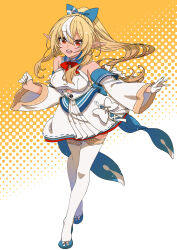 Rule 34 | 1girl, absurdres, akitsu mikami, bare shoulders, blonde hair, blue bow, blue footwear, bow, breasts, dark-skinned female, dark skin, detached sleeves, dress, elf, full body, gloves, hair bow, highres, hololive, large breasts, long hair, looking at viewer, multicolored hair, open mouth, pointy ears, ponytail, red eyes, shiranui flare, shiranui flare (1st costume), smile, solo, streaked hair, thighhighs, two-tone background, virtual youtuber, white background, white bow, white dress, white gloves, white hair, white thighhighs, yellow background