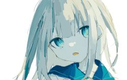 Rule 34 | 1girl, blue eyes, blue sailor collar, chihono 0, close-up, collarbone, grey hair, head tilt, highres, long bangs, long hair, looking at viewer, open mouth, original, portrait, sailor collar, shirt, sidelocks, simple background, solo, white background, white shirt