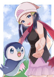 Rule 34 | 1girl, :d, bare arms, beanie, cloud, commentary request, creatures (company), dawn (pokemon), day, eyelashes, game freak, gen 4 pokemon, grey eyes, hair ornament, hairclip, hat, highres, homake, looking at viewer, nintendo, open mouth, outdoors, pink skirt, piplup, pokemon, pokemon (creature), pokemon dppt, red scarf, scarf, shirt, skirt, sky, sleeveless, sleeveless shirt, smile, teeth, tongue, upper teeth only, white headwear