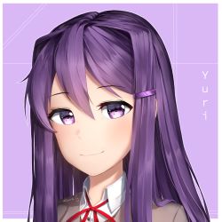 Rule 34 | 1girl, character name, commentary, doki doki literature club, english commentary, hair between eyes, hair ornament, hairclip, long hair, looking at viewer, outline, portrait, purple background, purple eyes, purple hair, sasoura, signature, simple background, smile, solo, white outline, yuri (doki doki literature club)