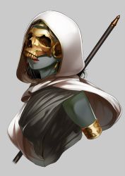 Rule 34 | 1girl, cape, colored skin, earrings, elspeth tirel, facing viewer, female focus, grey background, grey skin, hood, hood up, hooded cape, jewelry, magic: the gathering, mask, parted lips, simple background, skull mask, solo, staff, upper body, wakamesan, white cape