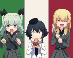 Rule 34 | 3girls, :d, anchovy (girls und panzer), anzio military uniform, anzio school uniform, beret, black hair, black headwear, black necktie, black ribbon, black shirt, blonde hair, braid, brown eyes, buchikaki, carpaccio (girls und panzer), closed eyes, commentary, drill hair, eating, facing viewer, false smile, food, girls und panzer, green hair, hair ribbon, hat, hayami saori, holding, holding food, holding knife, holding riding crop, italian flag, knife, long hair, long sleeves, looking at another, looking at viewer, multiple girls, necktie, open mouth, parody, pepperoni (girls und panzer), ribbon, riding crop, school uniform, shaded face, sheath, shirt, short hair, side braid, smile, spy x family, twin drills, twintails, unsheathed, upper body, voice actor connection, weapon