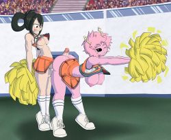 Rule 34 | 2girls, :p, absurdres, arena, ashido mina, ass, asui tsuyu, audience, black hair, black sclera, boku no hero academia, breasts, breasts out, buttjob, cheerleader, colored sclera, colored skin, crowd, dot nose, erection, exhibitionism, functionally nude, futa with female, futanari, gym uniform, hair rings, highres, horns, large breasts, large penis, looking back, medium breasts, miniskirt, multiple girls, nipples, no panties, one eye closed, outstretched arms, penis, penis out, pink hair, pink skin, pom pom (cheerleading), precum, public indecency, shoes, short hair, skirt, slashysmiley, sneakers, stadium, testicles, tiptoes, tongue, tongue out, yellow eyes