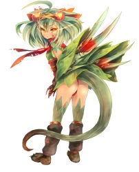 Rule 34 | 1girl, ahoge, animal ears, ass, capcom, green hair, green nargacuga, hairband, highres, looking back, monster hunter (series), panties, personification, red eyes, red panties, short hair, simple background, solo, spikes, tail, umitsuki, underwear, white background