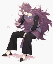 Rule 34 | 1boy, bean mr12, black pants, bowl, fengxi (the legend of luoxiaohei), full body, hair over one eye, highres, holding, holding bowl, invisible chair, long hair, long sleeves, pants, petals, pointy ears, purple hair, signature, simple background, sitting, smile, solo, luo xiaohei zhanji, very long hair, white background