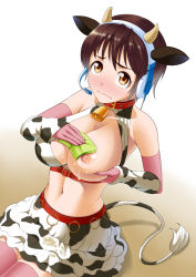 Rule 34 | 10s, 1girl, animal ears, animal print, bare shoulders, bell, blush, breasts, collar, cow ears, cow horns, cow print, cow tail, cowbell, elbow gloves, embarrassed, gloves, headset, highres, horns, idolmaster, idolmaster cinderella girls, kemonomimi mode, lactation, large breasts, midriff, navel, neck bell, nipples, oikawa shizuku, one breast out, pink thighhighs, shirihime, sitting, solo, tail, thighhighs, towel, wavy mouth