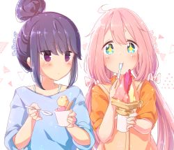Rule 34 | + +, 2girls, ahoge, atu, blue eyes, blue hair, blue shirt, blush, bra strap, casual, closed mouth, collared shirt, commentary request, dessert, double scoop, eating, eyes visible through hair, food, hair bun, hair ornament, hair tie, holding, holding food, holding spoon, ice cream, ice cream cone, ice cream cup, ice cream scoop, ice cream spoon, jacket, kagamihara nadeshiko, light particles, long hair, looking at another, looking at viewer, multiple girls, orange jacket, orange shirt, pink hair, purple eyes, shima rin, shirt, signature, simple background, single hair bun, sleeves rolled up, smile, sparkle, sparkling eyes, spoon, standing, star-shaped pupils, star (symbol), sweatdrop, symbol-shaped pupils, triangle, twintails, white background, yurucamp