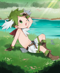 Rule 34 | 1boy, antlers, arm support, arm up, boots, brown footwear, brown gloves, child, commentary, creatures (company), cross-laced footwear, day, english commentary, fingerless gloves, full body, game freak, gen 4 pokemon, gloves, grass, green eyes, green hair, green theme, highres, horns, knee up, lace-up boots, legendary pokemon, looking afar, looking away, looking up, male focus, mythical pokemon, navel, nemui (nemuriyagi), nintendo, on ground, one eye closed, open mouth, outdoors, outstretched leg, personification, pokemon, scarf, shading eyes, shadow, shaymin, shaymin (sky), shorts, sitting, solo, stream, sunlight, topless male, water, white shorts