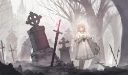 Rule 34 | 1girl, blonde hair, blush, branch, castle, ender lilies quietus of the knights, fog, graveyard, grey theme, hand on own chest, highres, long hair, looking away, scenery, solo, standing, tombstone, tree, yellow eyes, yuzu oshigoto boshu-chu