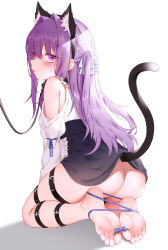 Rule 34 | 1girl, animal ear fluff, animal ears, artist request, ass, azur lane, bare shoulders, barefoot, black skirt, blue ribbon, blush, bow, cat ears, cat tail, clothes lift, clothing cutout, commentary request, eyes visible through hair, fake animal ears, fake tail, feet, foot focus, from behind, full body, hair intakes, hair ornament, hairclip, highres, leash, lifted by tail, long hair, looking at viewer, looking back, open mouth, original, parted lips, photoshop (medium), purple eyes, purple hair, ribbon, seiza, shadow, shirt, shirt tucked in, shoulder cutout, simple background, sitting, skirt, skirt lift, soles, solo, sweat, tail, tashkent (azur lane), thigh strap, toes, white background, white shirt, zhaofeng yinyue
