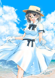 Rule 34 | 1girl, :d, alternate costume, black bow, black ribbon, blue sky, blush, bow, breasts, brown hat, clothes lift, cloud, collared dress, commentary request, day, dress, dress bow, dress lift, feet out of frame, gakuzan, glasses, gloves, green-framed eyewear, grey eyes, grey hair, hat, hat bow, highres, impossible clothes, impossible dress, kantai collection, kirishima (kancolle), long dress, looking at viewer, medium breasts, ocean, open mouth, outdoors, puffy short sleeves, puffy sleeves, ribbon, ribbon-trimmed sleeves, ribbon trim, short hair, short sleeves, signature, sky, smile, solo, water, white dress, white gloves
