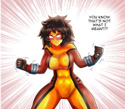 Rule 34 | abs, blush, breasts, brown hair, clenched hands, genderswap, genderswap (mtf), highres, marvel, shocker (marvel), solo, spider-man (series), themightfenek, thick thighs, thighs, villain pose