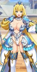 Rule 34 | 1girl, armor, blonde hair, blue eyes, boots, breasts, center opening, cinderella (queen&#039;s blade grimoire), gluteal fold, highres, large breasts, non-web source, official art, open mouth, queen&#039;s blade, queen&#039;s blade limit break, thigh boots, tiara