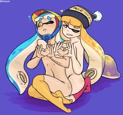 Rule 34 | 2girls, absurdres, artist name, badguyvivi, beanie, black headwear, blonde hair, blue hair, blush, breasts, collarbone, domino mask, eye contact, female focus, flying sweatdrops, full body, hands together, hands up, hat, heart, heart-shaped boob challenge, highres, inkling player character, kneehighs, kneeling, long hair, looking at another, looking to the side, mask, multiple girls, navel, nervous, nintendo, nude, one eye closed, purple background, red eyes, red legwear, shiny skin, signature, simple background, sitting, small breasts, smile, socks, splatoon (series), teeth, tentacle hair, text focus, thighhighs, twintails, twitter username, wink, yellow eyes, yellow legwear, yuri