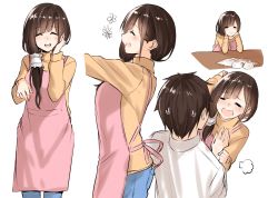 Rule 34 | 1boy, 1girl, :&lt;, puff of air, = =, ^ ^, apron, blush, brown hair, closed eyes, closed mouth, cowboy shot, denim, flower, frown, hand on own cheek, hand on own face, hand up, happy, jeans, kyoo-kyon (kyo-kyon), long hair, low ponytail, mother and son, multiple views, open mouth, original, pants, pink apron, shinken-zemi, shirt, side ponytail, simple background, sketch, smile, sweatdrop, sweater, table, tears, teeth, turtleneck, turtleneck sweater, white background, white shirt, yuki arare, zemi mama
