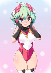 Rule 34 | 1girl, ahoge, azure striker gunvolt, black gloves, blue eyes, blush, breasts, commentary, cougar (cougar1404), cowboy shot, elbow gloves, gloves, green hair, headgear, leotard, looking at viewer, open mouth, red headwear, red leotard, roro (gunvolt), short hair, sleeveless, smile, solo, standing, thighhighs, thighs, white thighhighs