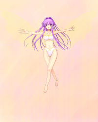 Rule 34 | barefoot, bikini, clannad, cosplay, fujibayashi kyou, highres, hirohashi ryou, kaleido star, leotard, long hair, purple eyes, purple hair, solo, swimsuit, sylphy, sylphy (artist), thigh gap, thighs, voice actor connection