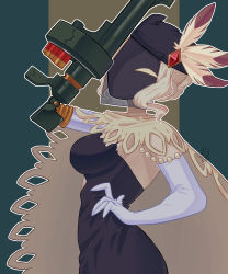 Rule 34 | 1girl, absurdres, ammunition, amputee, arm cannon, black dahlia, braid, braided bun, breasts, cape, cowboy shot, cyborg, dress, elbow gloves, explosive, from side, fur hat, gloves, grenade, grenade cartridge, grenade launcher, gun, hair bun, hand on own hip, hat, highres, large-caliber cartridge, large breasts, obobo, pillbox hat, prosthesis, prosthetic arm, skullgirls, solo, veil, weapon, white hair