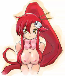 Rule 34 | 00s, 1girl, blush, breasts, cleavage, female focus, hair ornament, hazy vanity, high ponytail, large breasts, long hair, looking at viewer, nipples, red hair, scarf, skull hair ornament, smile, solo, striped clothes, striped scarf, tengen toppa gurren lagann, topless frame, upper body, very long hair, white background, yellow eyes, yoko littner