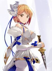 Rule 34 | 1girl, bare shoulders, blonde hair, breasts, brown eyes, closed mouth, commentary request, djeeta (granblue fantasy), elysian (granblue fantasy), granblue fantasy, hinami (hinatamizu), holding, holding weapon, looking at viewer, medium breasts, short hair, tsurime, weapon