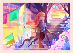 Rule 34 | 1girl, ahoge, backpack, bag, blue coat, blush stickers, celeste (video game), closed mouth, coat, fuwamoko momen toufu, highres, long hair, long sleeves, looking at viewer, madeline (celeste), outdoors, pants, red eyes, red hair, red pants, solo, stairs, standing, tree