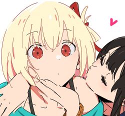 Rule 34 | 2girls, arm over head, atenaba, black hair, blonde hair, bracelet, closed eyes, closed mouth, facing another, hair between eyes, hair ribbon, hand on another&#039;s cheek, hand on another&#039;s face, hand on another&#039;s shoulder, heart, highres, imminent kiss, inoue takina, jewelry, long hair, lycoris recoil, multiple girls, nishikigi chisato, red eyes, red ribbon, ribbon, short hair, simple background, upper body, white background, yuri