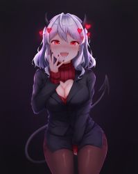 Rule 34 | 1girl, black horns, black pantyhose, black suit, blush, breasts, cleavage, cleavage cutout, clothing cutout, commentary request, cowboy shot, demon girl, demon horns, demon tail, fangs, formal, grey background, hand up, heart, heart-shaped pupils, heart cutout, helltaker, highres, horns, large breasts, long sleeves, looking at viewer, miniskirt, modeus (helltaker), nail polish, open mouth, pantyhose, red eyes, red nails, red sweater, ribbed sweater, ripong, skirt, sleeves past wrists, smile, solo, suit, sweater, symbol-shaped pupils, tail, turtleneck, white hair, wings