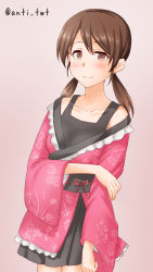Rule 34 | 1girl, alternate costume, anti (untea9), black dress, brown eyes, brown hair, commentary request, cowboy shot, dress, gradient background, highres, kantai collection, long hair, low twintails, parted bangs, pink background, pink robe, robe, shirayuki (kancolle), short twintails, sleeveless, sleeveless dress, solo, standing, twintails, twitter username