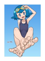 Rule 34 | 1girl, barefoot, blue background, blue eyes, blue hair, border, bright pupils, creatures (company), feet, female focus, foot focus, foreshortening, game freak, goggles, goggles on head, head tilt, lana (pokemon), looking at viewer, nintendo, one-piece swimsuit, open mouth, outside border, pokemon, pokemon sm, sitting, solo, swimsuit, tareme, toes, tsukimaru (ls 99ml), twitter username, white border, white pupils