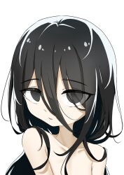 Rule 34 | 1girl, bare shoulders, black eyes, black hair, chuugoku usagi, collarbone, hair between eyes, highres, kinazuki, long hair, long hair between eyes, looking at viewer, out-of-frame censoring, parted lips, simple background, solo, topless, upper body, utau, voicevox, white background