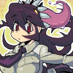 Rule 34 | 1girl, :o, black hair, breasts, coso-ri, extra mouth, filia (skullgirls), large breasts, looking at viewer, lowres, necktie, red eyes, samson (skullgirls), school uniform, skirt, skullgirls, slit pupils, solo, tongue, tongue out, upper body