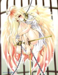 Rule 34 | 1girl, angel wings, bare legs, barefoot, blonde hair, bottomless, chain, chained, chain, collar, cuffs, folded, knees to chest, long hair, non-web source, pussy, red eyes, sakuraniku umatarou, shackles, short sleeves, solo, unbuttoned, unbuttoned shirt, wings