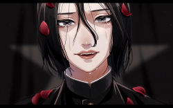 Rule 34 | 1boy, 1girl, :d, black hair, black jacket, close-up, crying, crying with eyes open, gakuran, hair between eyes, highres, jacket, jaibo, litchi hikari club, looking at viewer, male focus, open mouth, petals, portrait, rose petals, sad smile, school uniform, smile, solo, tearing up, tears, tsunko (9v2 q)