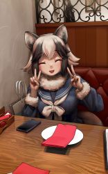 Rule 34 | 1girl, :d, ^ ^, absurdres, animal ear fluff, animal ears, bag, black hair, cellphone, closed eyes, commentary request, double v, facing viewer, fur-trimmed sleeves, fur collar, fur trim, highres, indoors, kemono friends, open mouth, paper bag, phone, plate, raccoon ears, raccoon tail, sailor collar, signature, smartphone, smile, solo, table, tail, tanuki (kemono friends), v, welt (kinsei koutenkyoku), white hair, white neckwear