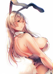 Rule 34 | 1girl, amane ruri, animal ears, ass, back, bare back, bare shoulders, black pantyhose, breasts, brown eyes, brown hair, detached collar, fake animal ears, hair between eyes, highres, large breasts, leotard, long hair, original, pantyhose, parted lips, playboy bunny, rabbit ears, rabbit tail, simple background, solo, tail, white background, wrist cuffs