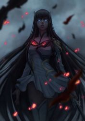 Rule 34 | 1girl, absurdres, black hair, blue eyes, epaulettes, grey sky, hair ornament, highres, holding, holding sword, holding weapon, junketsu, kill la kill, kiryuuin satsuki, long hair, looking at viewer, manip, outdoors, parted lips, sky, solo, standing, sword, thick eyebrows, thighhighs, very long hair, weapon, white thighhighs