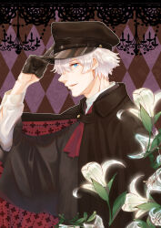 Rule 34 | 1boy, alternate costume, argyle, argyle background, argyle clothes, black gloves, blue eyes, chandelier, charles-henri sanson (fate), dress shirt, fate/grand order, fate (series), gloves, glowing flower, hat, highres, japanese clothes, male focus, military hat, moyun, parted lips, shirt, short hair, upper body, white hair, white lily, white shirt, wide sleeves