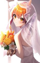 Rule 34 | 1girl, animal ears, backless dress, backless outfit, bare shoulders, blush, bouquet, bridal veil, carrot, commentary request, commission, dress, flower, hair flower, hair ornament, highres, holding, holding bouquet, horse ears, looking at viewer, looking to the side, mayano top gun (sunlight bouquet) (umamusume), mayano top gun (umamusume), orange eyes, orange flower, orange hair, see-through, skeb commission, smile, solo, takom, teeth, umamusume, upper body, veil, wedding dress, white dress