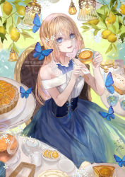 Rule 34 | 1girl, :d, absurdres, blonde hair, blue butterfly, blue eyes, blue skirt, bug, butterfly, cake, cake slice, chair, commentary, corset, creamer (vessel), cup, english commentary, feet out of frame, flower, food, fruit, fruit on liquid, gelatin, glass teacup, glass teapot, hair between eyes, hair flower, hair ornament, highres, holding, holding cup, holding spoon, insect, lantern, lemon, lemon blossoms, lemon slice, long hair, looking at viewer, nail polish, off-shoulder shirt, off shoulder, open mouth, orange nails, original, pound cake, seisaiminty, shirt, sitting, skirt, smile, solo, spoon, sugar bowl, table, tart (food), tea, tea party, teacup, teapot, teeth, white flower, white shirt