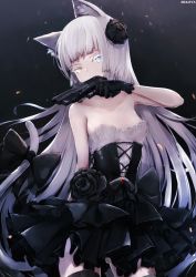 Rule 34 | 1girl, animal ear fluff, animal ears, artist name, awp (girls&#039; frontline) (nekoya (liu)), black bow, black dress, black flower, black rose, black thighhighs, blue eyes, bow, breasts, cat ears, cat girl, cat tail, closed mouth, colored eyelashes, commentary request, cowboy shot, dress, eyebrows hidden by hair, flower, girls&#039; frontline, gluteal fold, gun, hair flower, hair ornament, handgun, heterochromia, highres, holding, holding gun, holding weapon, layered dress, long hair, looking at viewer, md5 mismatch, nekoya (liu), original, pistol, pleated dress, resolution mismatch, rose, sig p220/p226, signature, small breasts, solo, source larger, strapless, strapless dress, tail, tail bow, tail ornament, tail raised, thighhighs, very long hair, weapon, white hair, yellow eyes