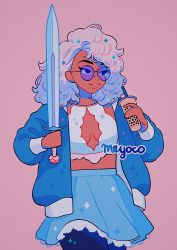 Rule 34 | 1girl, artist name, blue jacket, blue skirt, breasts, breasts apart, bubble tea, cowboy shot, cup, dark skin, dark-skinned female, drinking straw, glasses, gloves, holding, holding cup, holding sword, holding weapon, jacket, long sleeves, medium hair, meyoco, midriff, open clothes, open jacket, original, pink background, pink gloves, round eyewear, simple background, skirt, smile, solo, sparkle, sword, weapon