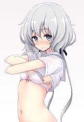 Rule 34 | 1girl, black ribbon, blue eyes, blush, bow, bow bra, bra, breasts, clothes lift, commentary, cowboy shot, gradient background, grey background, hair ribbon, highres, konno junko, lace, lace-trimmed bra, lace trim, lifting own clothes, long hair, long sleeves, looking at viewer, low twintails, mel (melty pot), navel, parted lips, ribbon, school uniform, serafuku, shirt lift, short sleeves, silver hair, simple background, small breasts, solo, twintails, underwear, white bra, zombie land saga