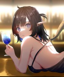 Rule 34 | 1girl, alternate costume, arknights, bar (place), bare arms, bare back, bare shoulders, black dress, black hair, blue eyes, blue hair, breasts, commentary, cup, dress, drinking glass, eix2, eunectes (arknights), highres, holding, holding cup, indoors, large breasts, looking at viewer, multicolored hair, one side up, parted lips, pointy ears, short hair, snake tail, solo, tail, upper body, wine glass