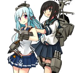 Rule 34 | 10s, 2girls, anchor symbol, blue hair, blue skirt, braid, brown hair, crossover, fubuki (battleship girls), fubuki (kancolle), fubuki (warship girls r), green eyes, gryphin1424, hands on another&#039;s shoulders, historical name connection, kantai collection, looking at viewer, midriff peek, multiple girls, name connection, pleated skirt, red eyes, rigging, school uniform, serafuku, short ponytail, skirt, sleeveless, torpedo, turret, warship girls r, zhan jian shaonu
