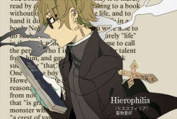 Rule 34 | 1boy, blonde hair, book, cigarette, cross, earrings, english text, formal, jewelry, male focus, necklace, newo (shinra-p), original, short hair, smoking, solo, sunglasses