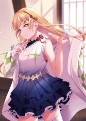 Rule 34 | 1girl, blonde hair, blue dress, bow, breasts, closed mouth, dress, frilled dress, frills, gradient dress, green eyes, hairband, hajimari wa kimi no sora, heanna sumire, highres, indoors, jacket, layered dress, long hair, looking at viewer, love live!, love live! superstar!!, medium breasts, nico ron nico, open clothes, open jacket, orange hairband, red bow, sleeveless, sleeveless dress, solo, thighhighs, upper body, white dress, white jacket, white thighhighs