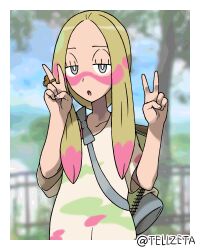 Rule 34 | 1girl, blonde hair, blurry, blurry background, border, creatures (company), double v, facepaint, game freak, grey eyes, highres, jewelry, long hair, looking at viewer, mina (pokemon), nintendo, open mouth, paint in hair, paint on clothes, pokemon, pokemon sm, ring, shirt, solo, tellzeta, twitter username, upper body, v, white border
