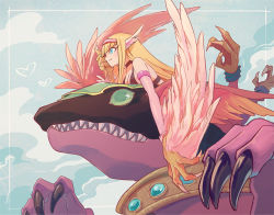 Rule 34 | 1girl, bare shoulders, blonde hair, blue eyes, blunt bangs, breasts, claws, cleavage, duel monster, feathers, hairband, harpie&#039;s pet dragon, harpie girl (yu-gi-oh!), heart, long hair, medium breasts, on head, pink feathers, profile, smile, talons, yu-gi-oh!, yuza