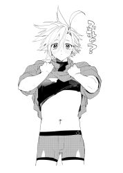 1boy ? blush clothes_lift cloud_strife commentary_request earrings final_fantasy final_fantasy_vii highres jewelry male_focus male_underwear navel navel_piercing piercing pulling_own_clothes shirt_lift short_hair single_earring spiked_hair translation_request underwear undressing white_background zc_furuya