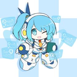Rule 34 | 1girl, ;d, android, aqua eyes, aqua hair, checkered background, chibi, full body, headset, highres, holding, joints, looking at viewer, mega man (series), mega man x (series), mega man x dive, mono zero, one eye closed, open mouth, rico (mega man), robot joints, side ponytail, smile, solo
